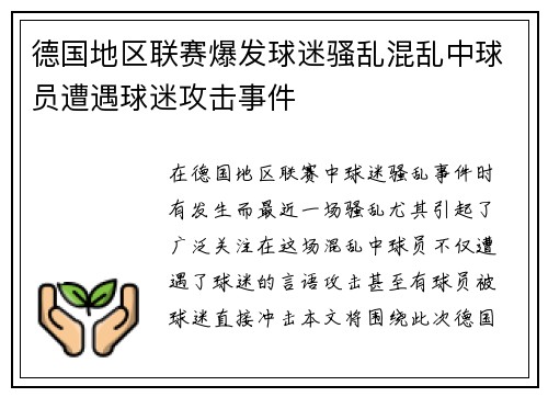 德国地区联赛爆发球迷骚乱混乱中球员遭遇球迷攻击事件